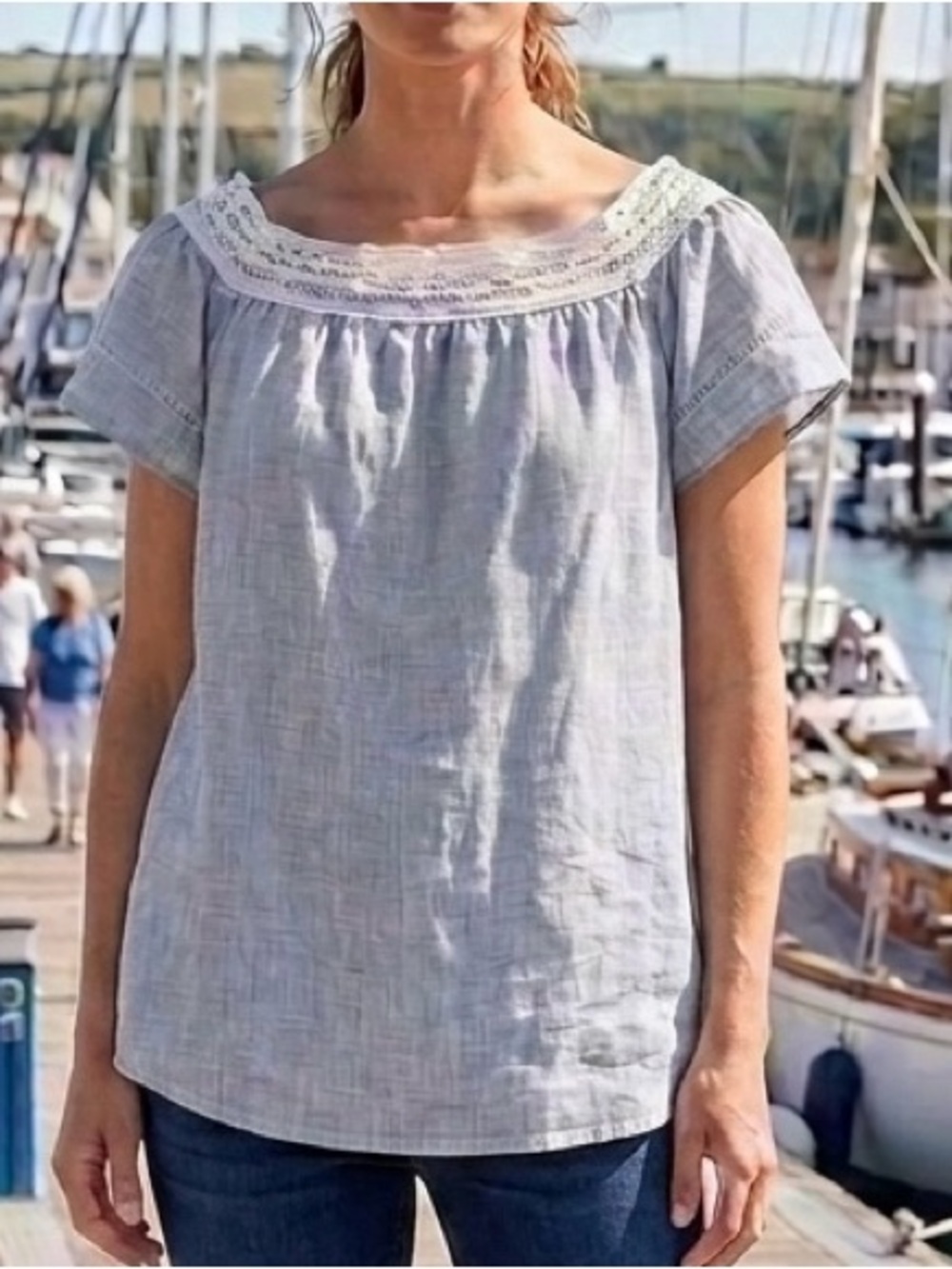 Como Black - Short Sleeve Blue Linen Blend Lace Trim Women's Top L Boho